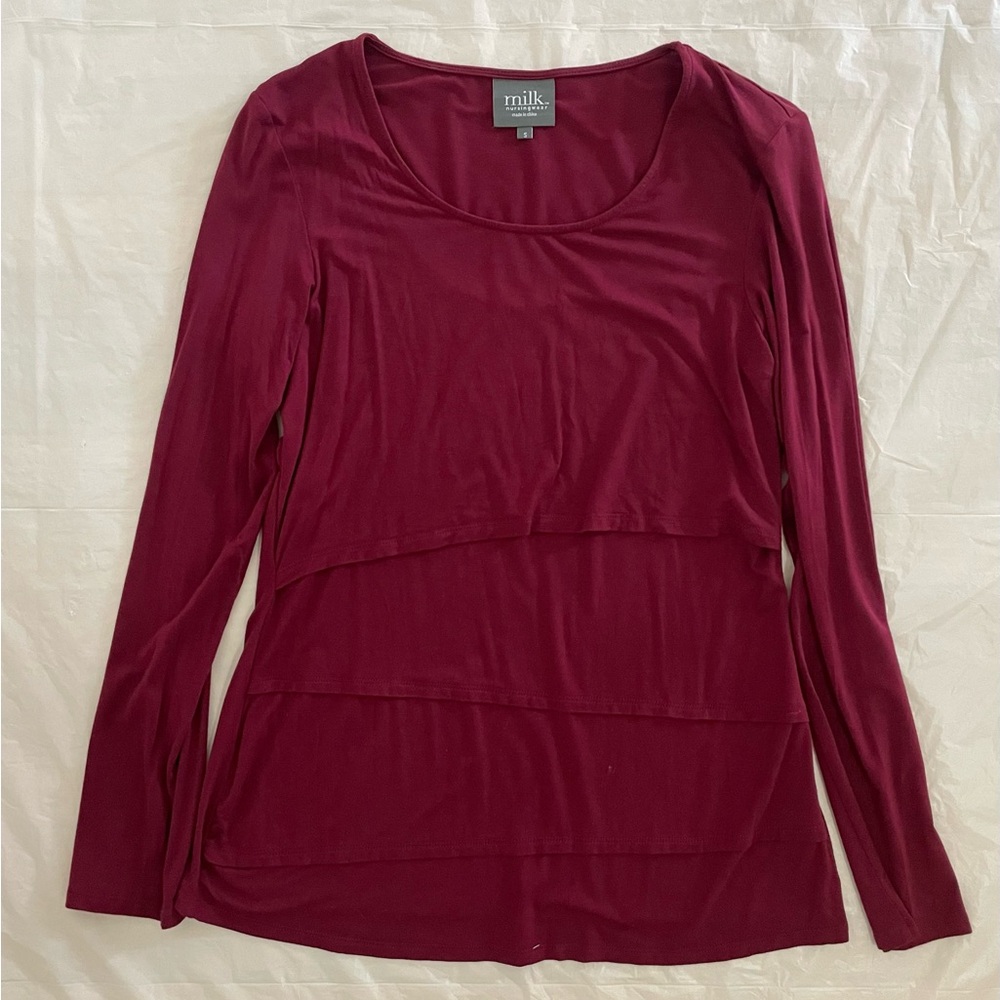 Milk nursing wear long sleeve nursing top, dark red, Size S